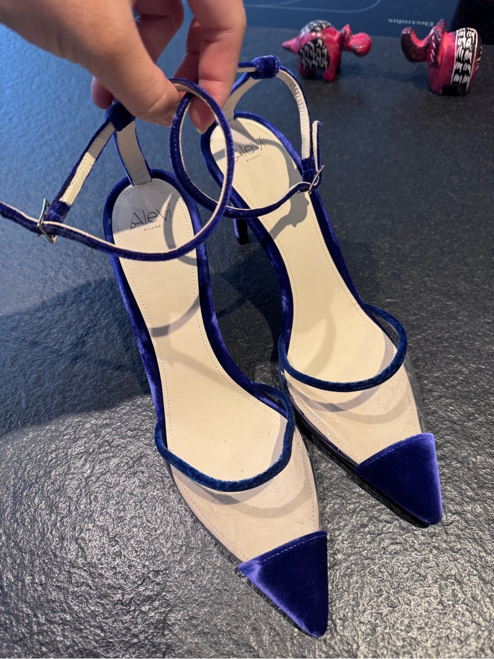 Alexandre Birman Royal Blue Velvet Pointed Ankle-Strap Heels